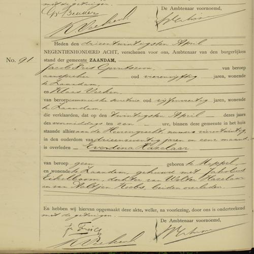 Civil registry of deaths, Zaandam, 1908, records 90-91