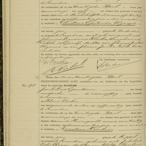 Civil registry of deaths, Zaandam, 1908, records 90-91