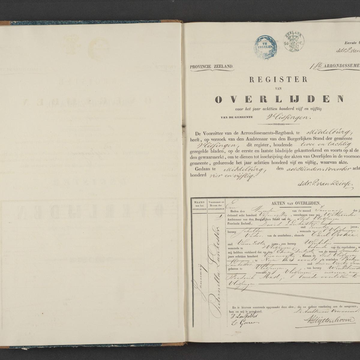Civil registry of deaths, Vlissingen, 1855, record 1