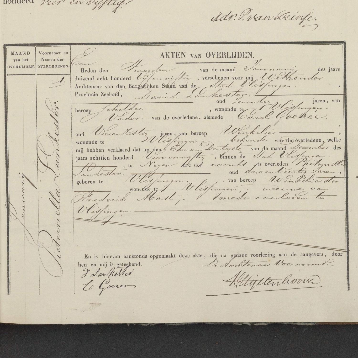 Civil registry of deaths, Vlissingen, 1855, record 1