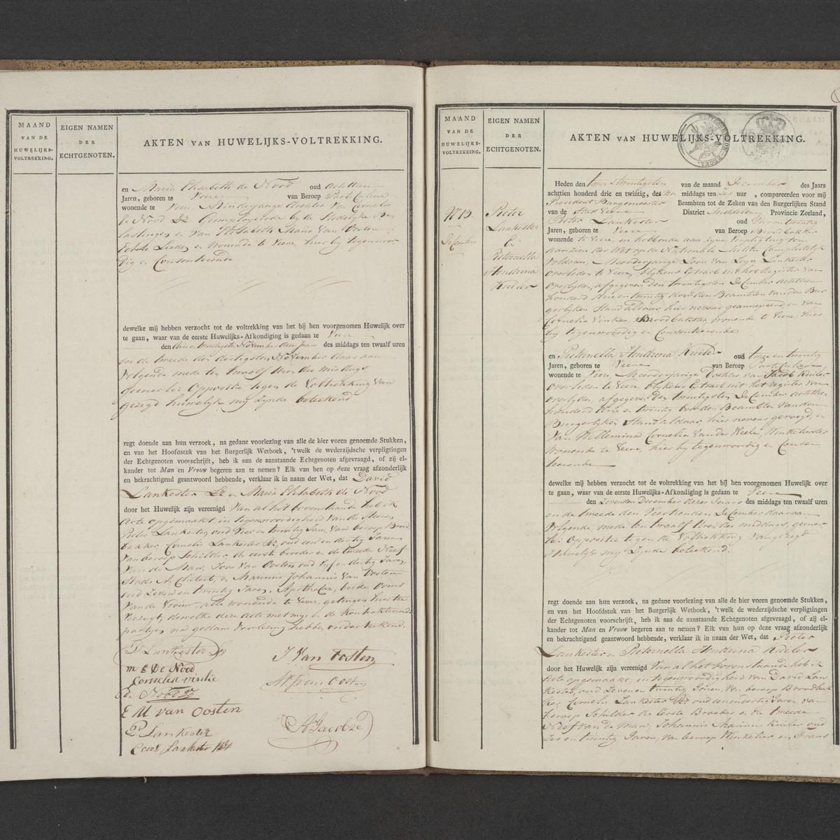 Civil registry of marriages, Veere, 1823, records 12-13