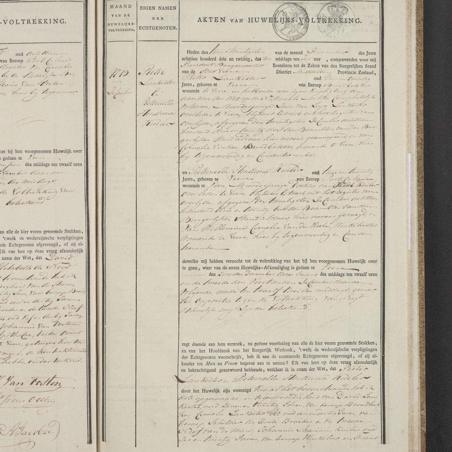 Civil registry of marriages, Veere, 1823, records 12-13