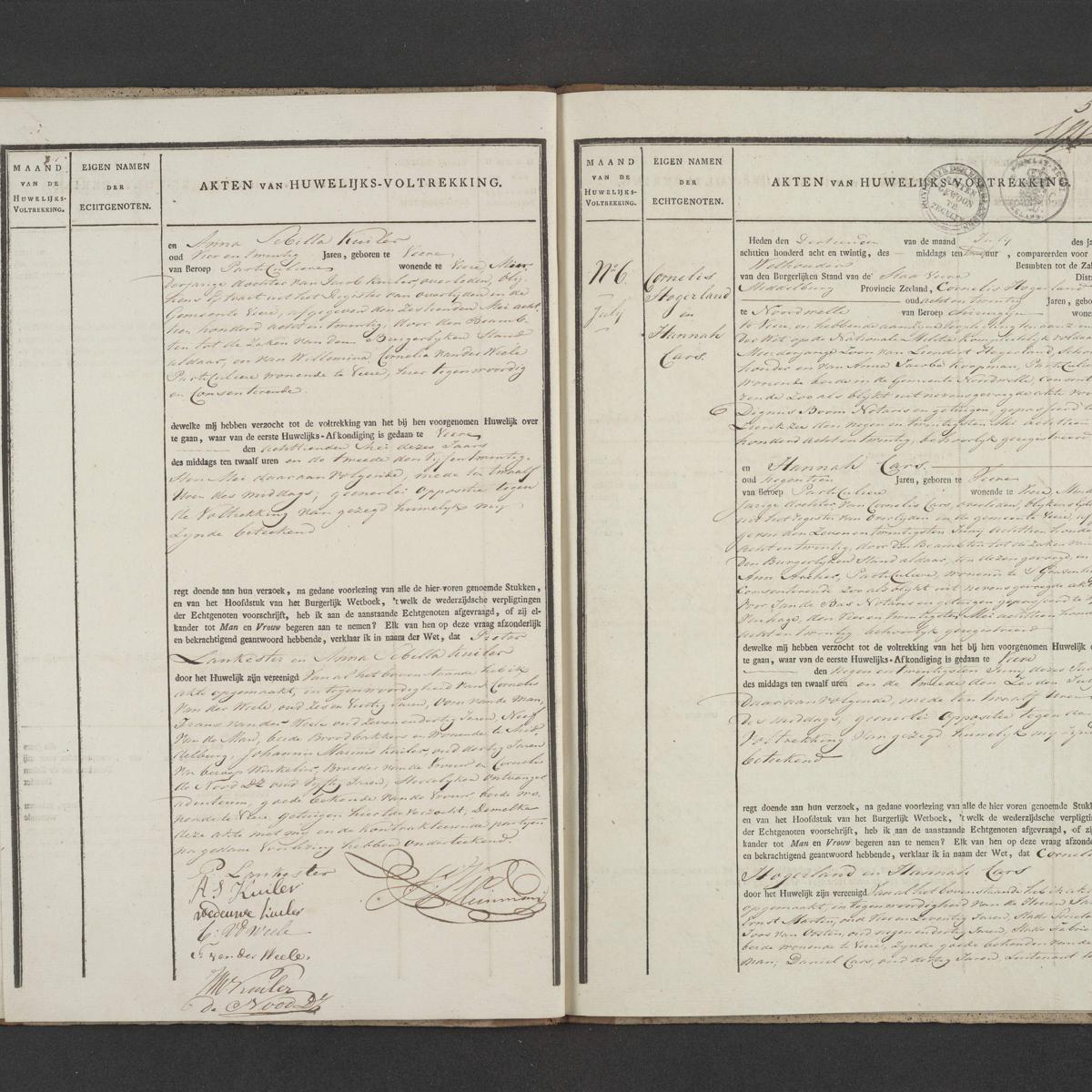 Civil registry of marriages, Veere, 1828, records 5-6