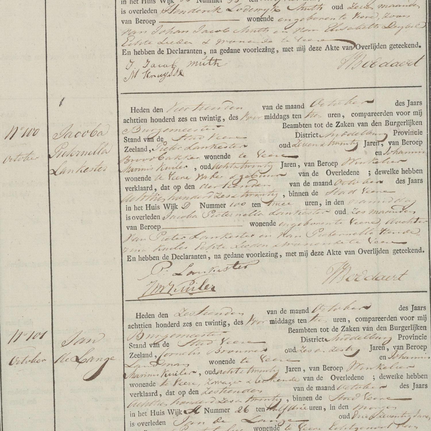 Civil registry of deaths, Veere, 1826, records 96-101