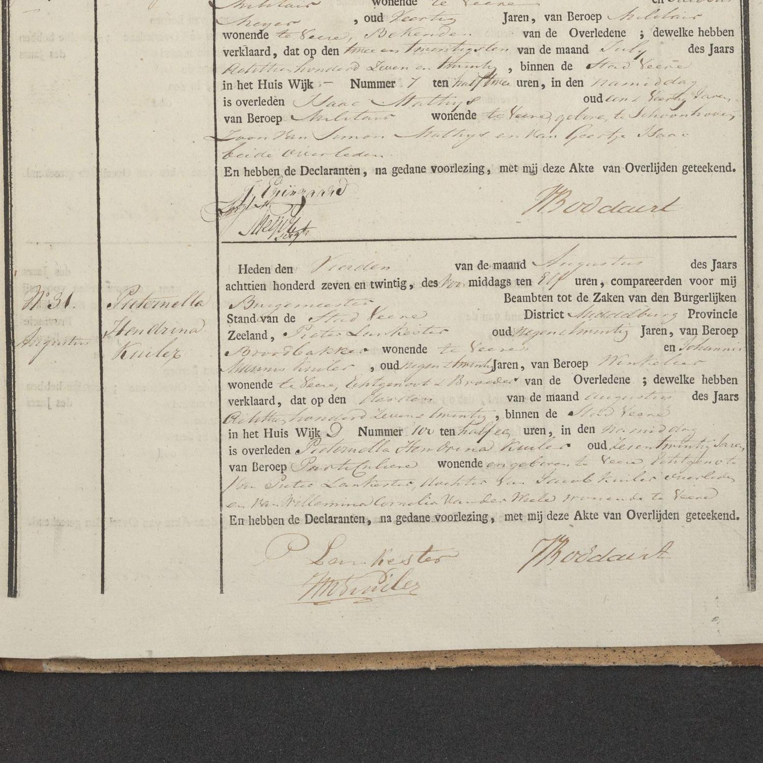 Civil registry of death, Veere, 1827, records 26-31