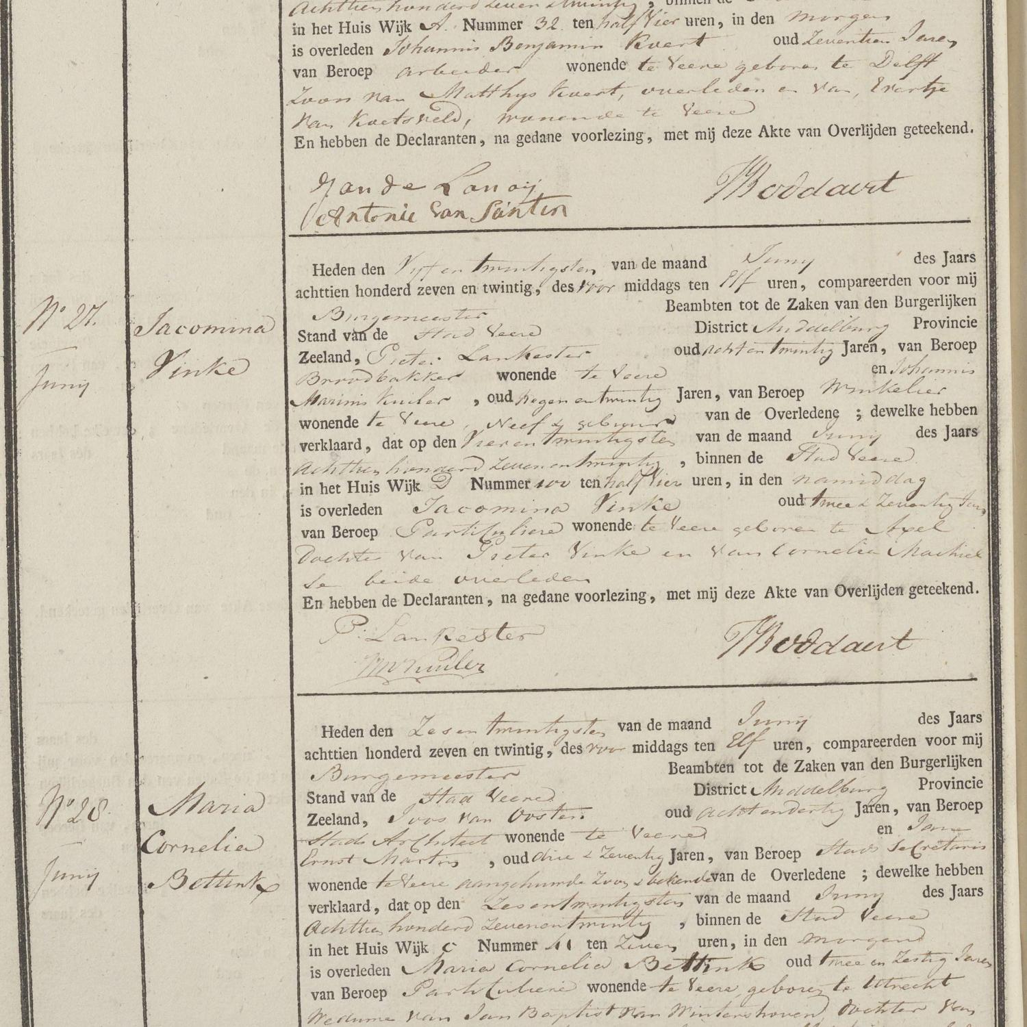 Civil registry of death, Veere, 1827, records 26-31