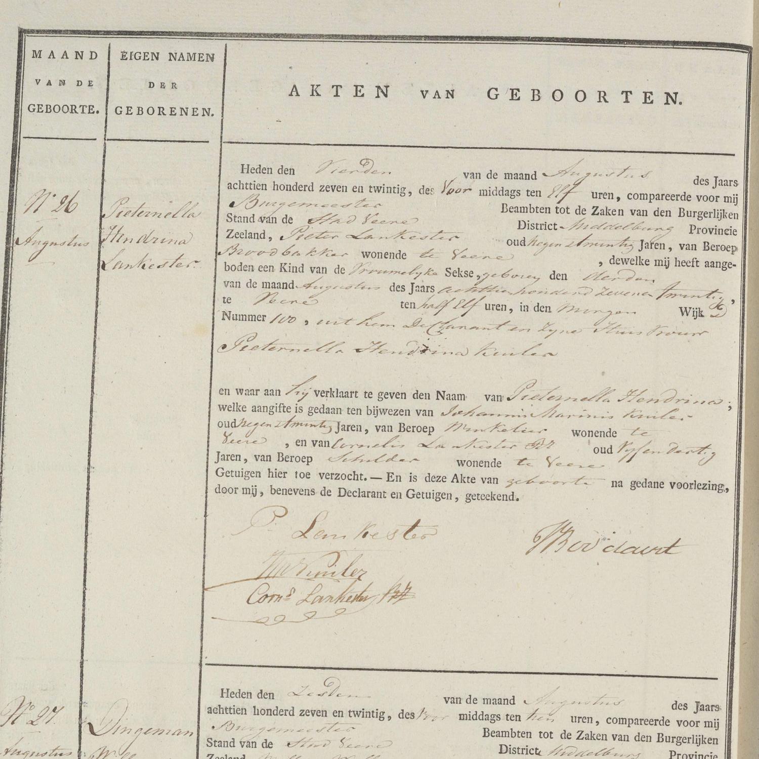 Civil registry of births, Veere, 1827, records 26-29