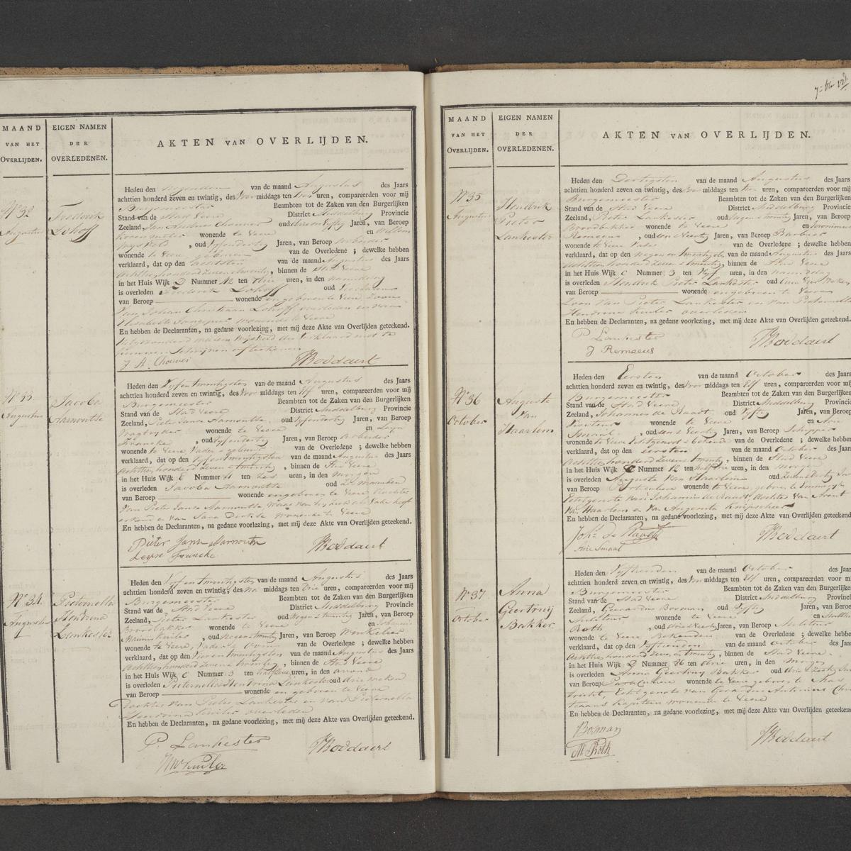 Civil registry of deaths, Veere, 1827, records 32-37