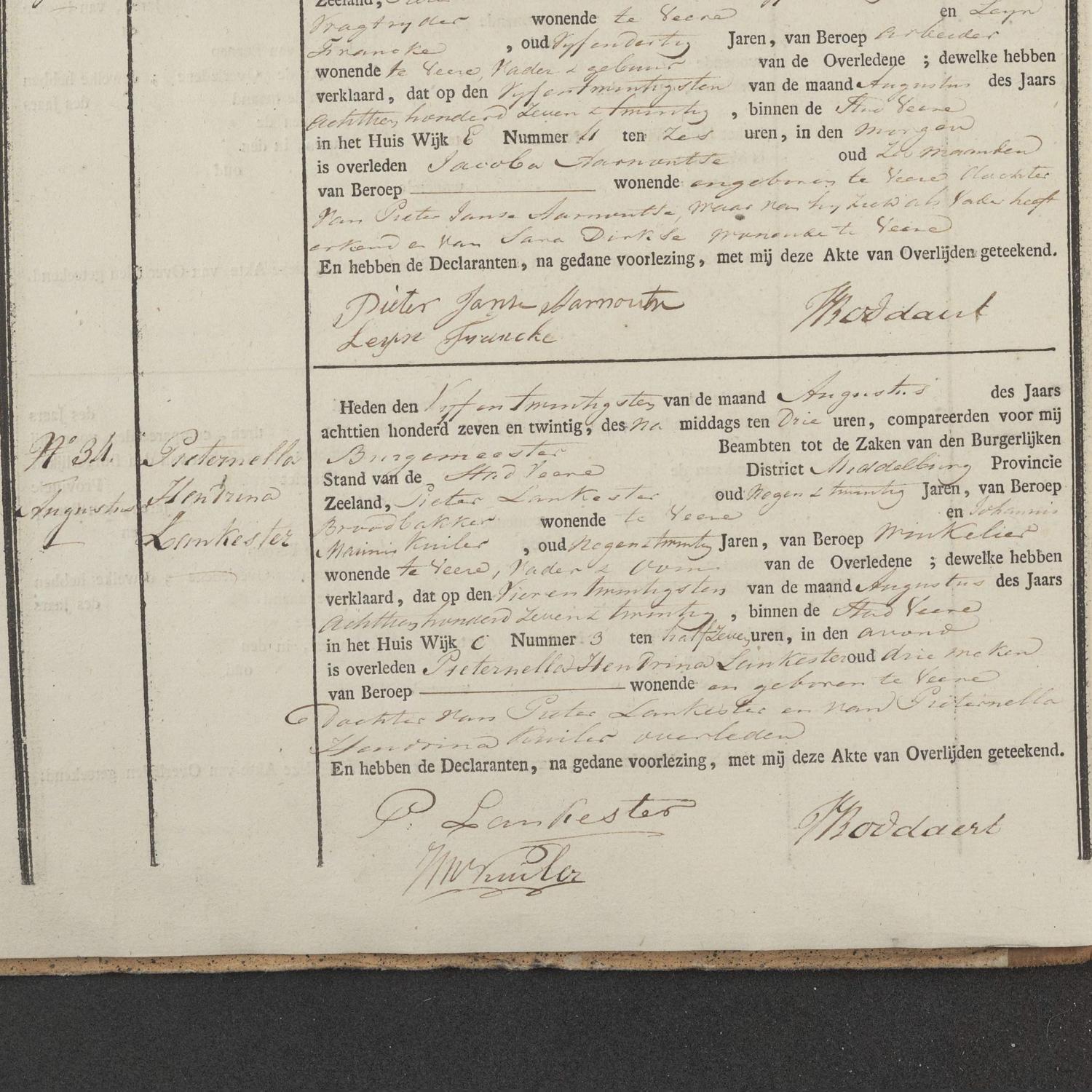 Civil registry of deaths, Veere, 1827, records 32-37