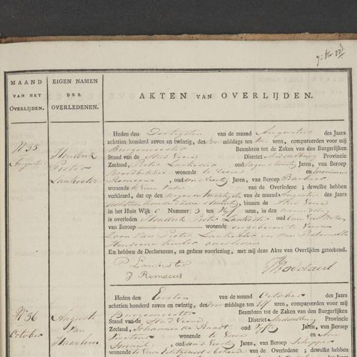 Civil registry of deaths, Veere, 1827, records 32-37