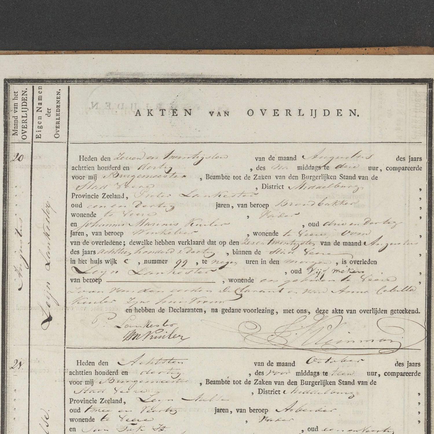 Civil regsistry of deaths, Veere, 1830, records 20-25