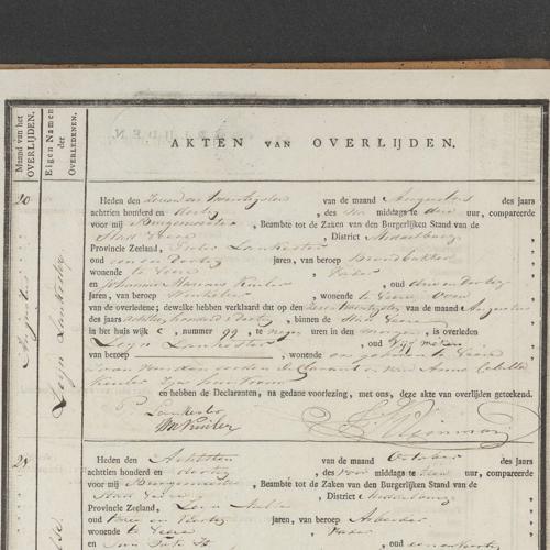 Civil regsistry of deaths, Veere, 1830, records 20-25