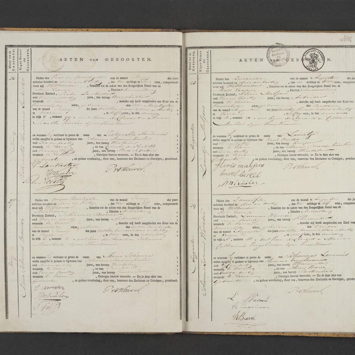 Civil registry of births, Veere, 1833, records 26-29