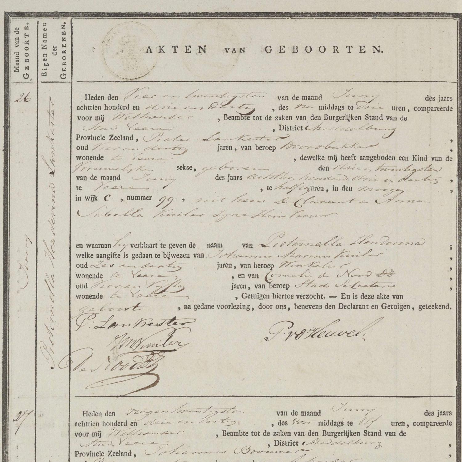 Civil registry of births, Veere, 1833, records 26-29