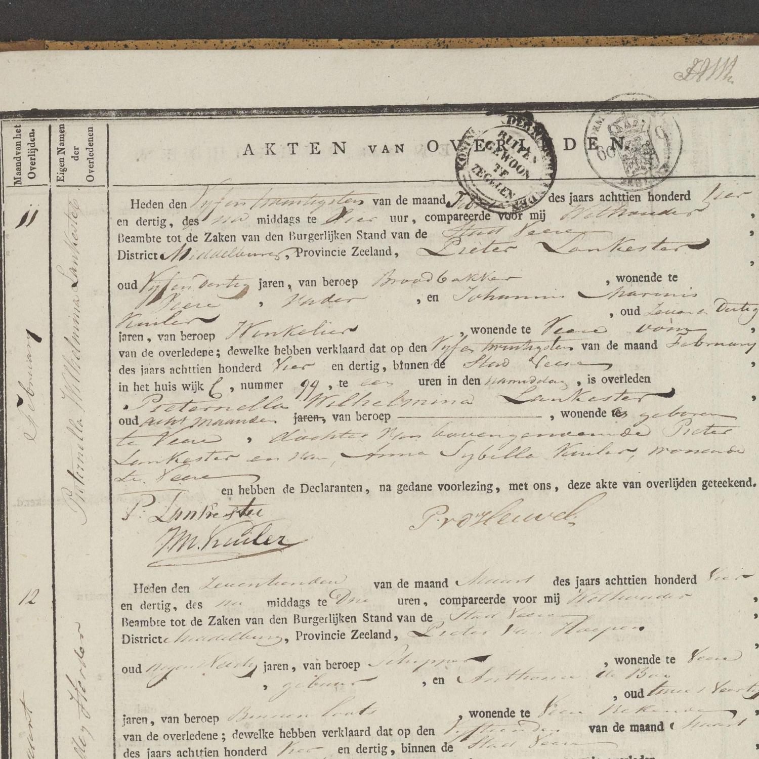 Civil registry of deaths, Veere, 1834, records 8-13