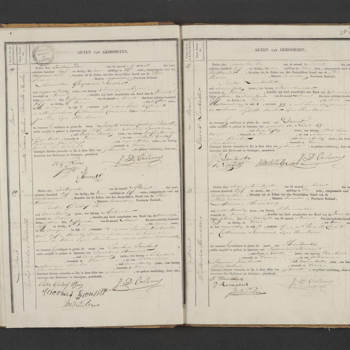 Civil registry of births, Veere, 1835, records 10-13
