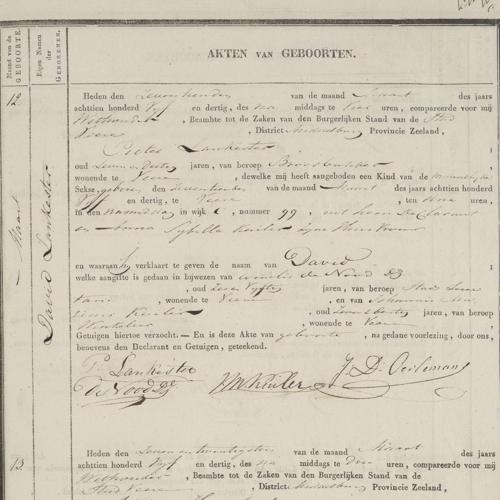 Civil registry of births, Veere, 1835, records 10-13