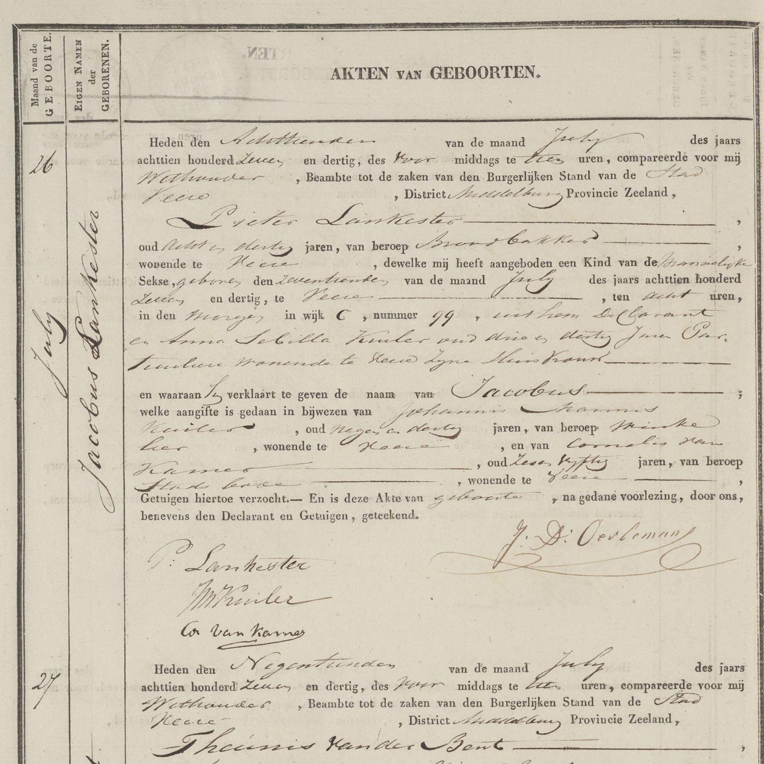 Civil registry of births, Veere, 1837, records 26-29