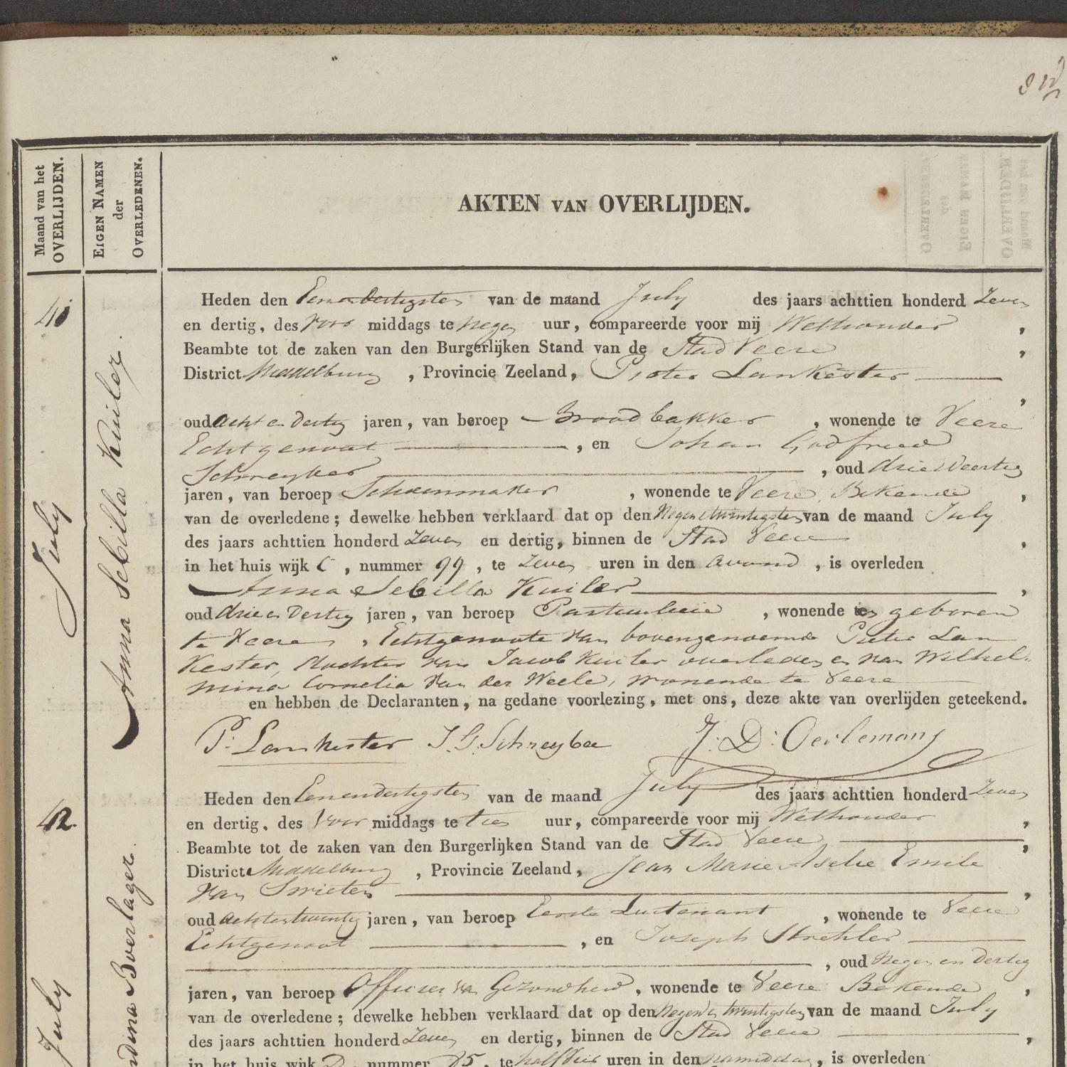 Civil registry of deaths, Veere, 1837, records 38-43