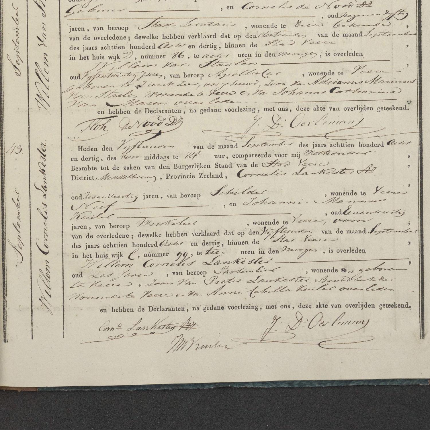 Civil registry of deaths, Veere, 1838, records 38-43