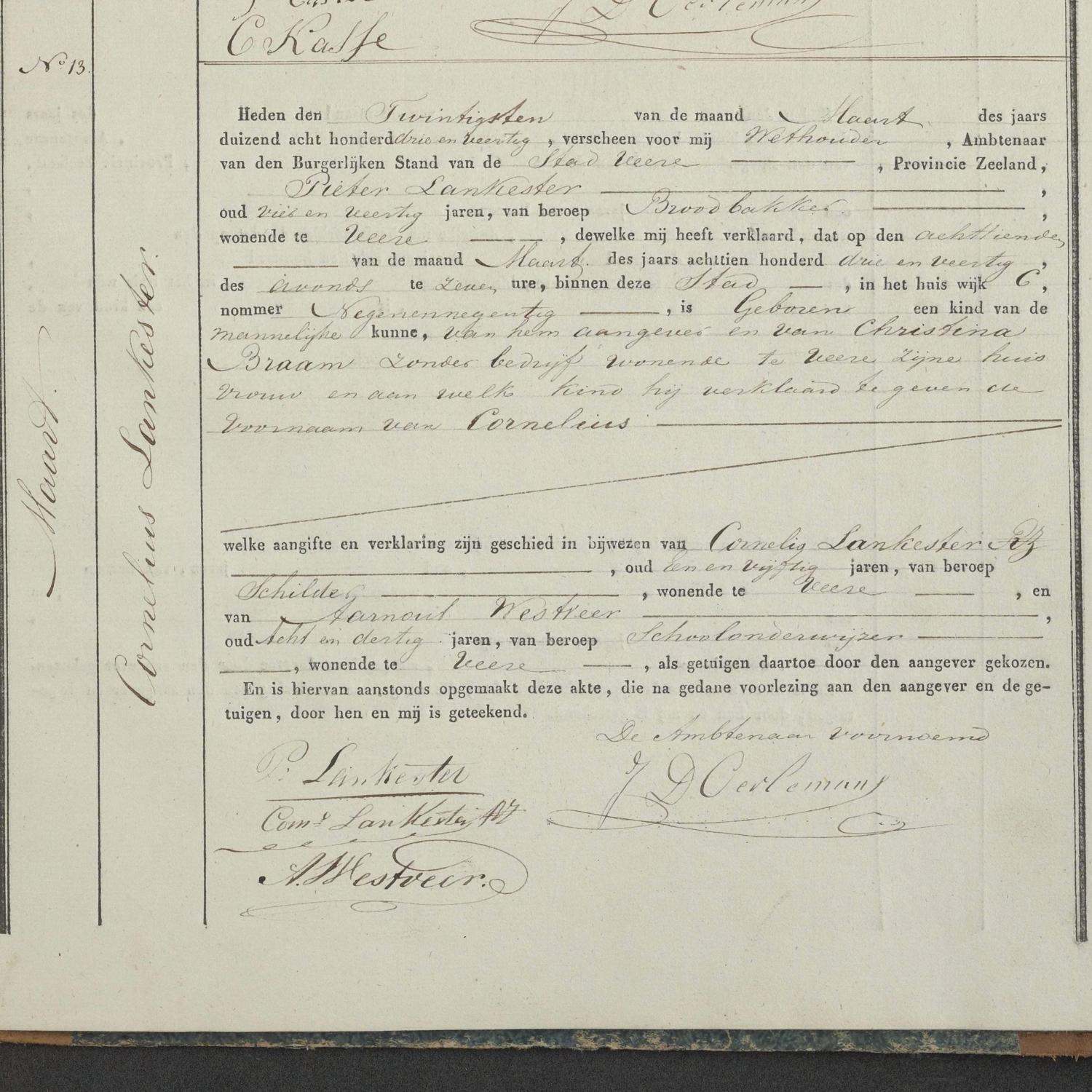 Civil registry of births, Veere, 1843, records 10-13