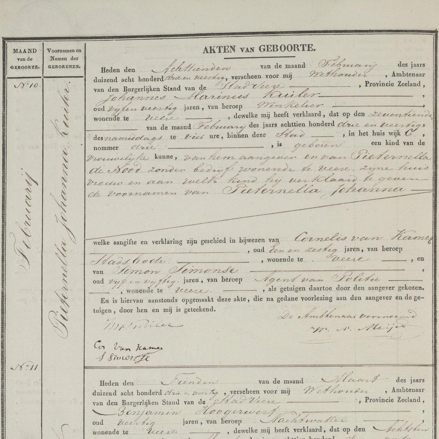 Civil registry of births, Veere, 1843, records 10-13