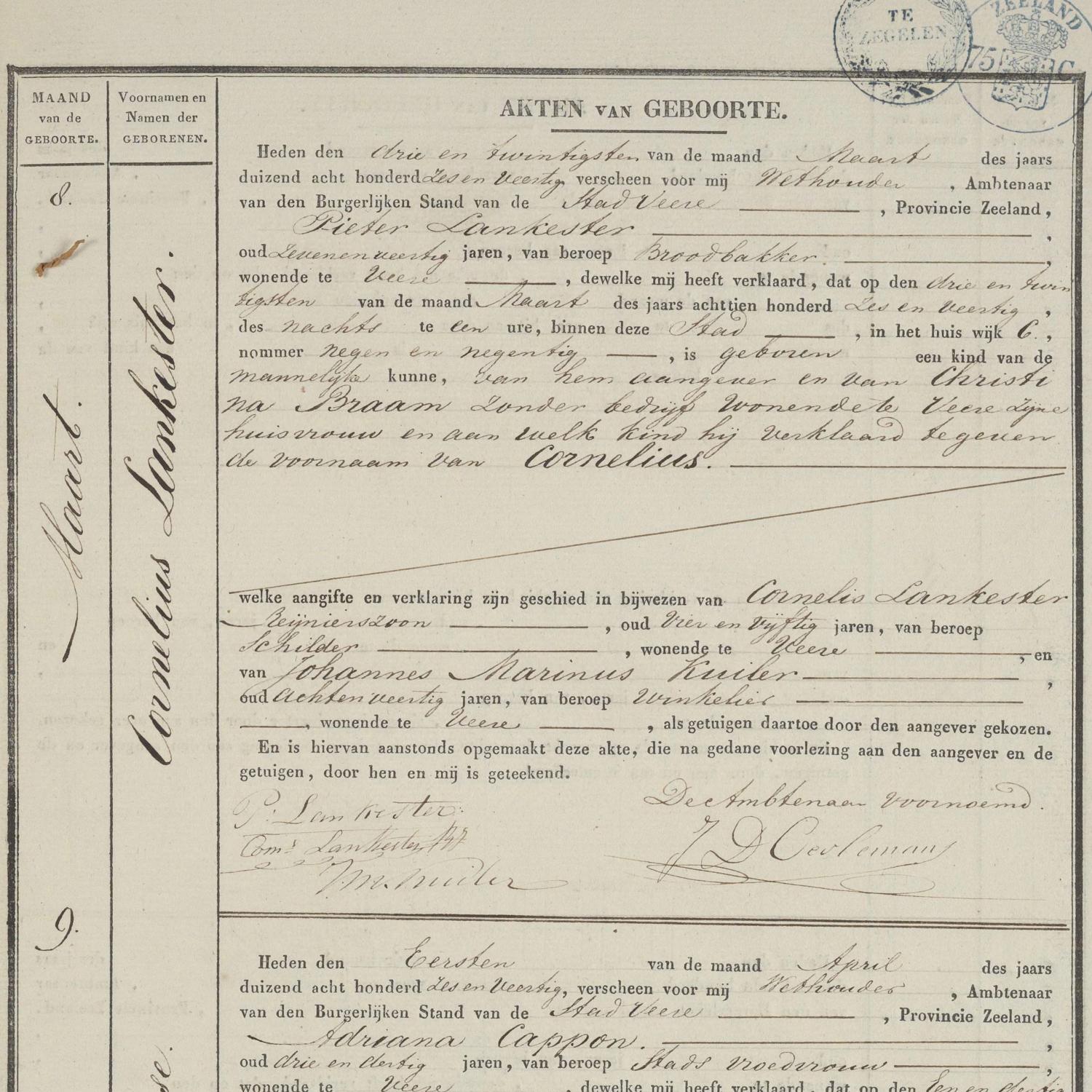 Civil registry of births, Veere, 1846, records 6-9