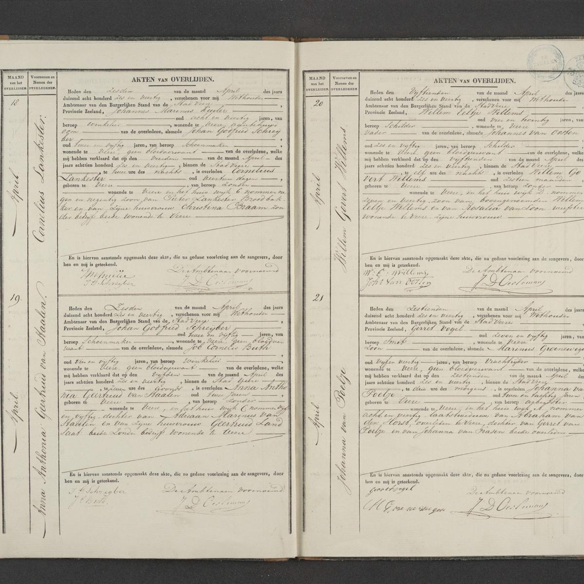 Civil registry of deaths, Veere, 1846, records 18-21
