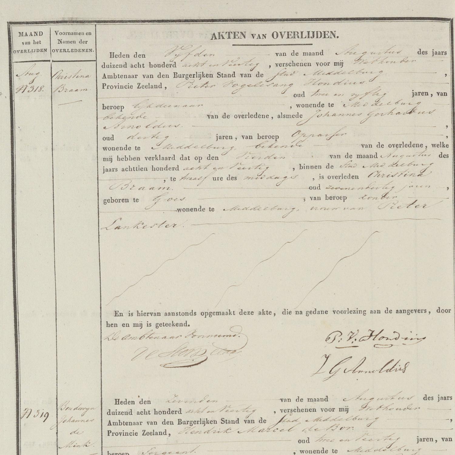 Civil registry of deaths, Middelburg, 1848, records 318-321