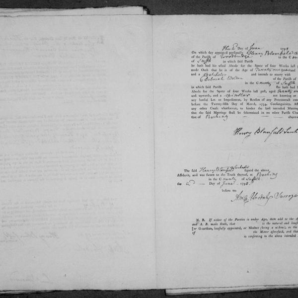 Marriage intention for Henry Blomfield Lankester & Deborah Wolton, 1795-06-02