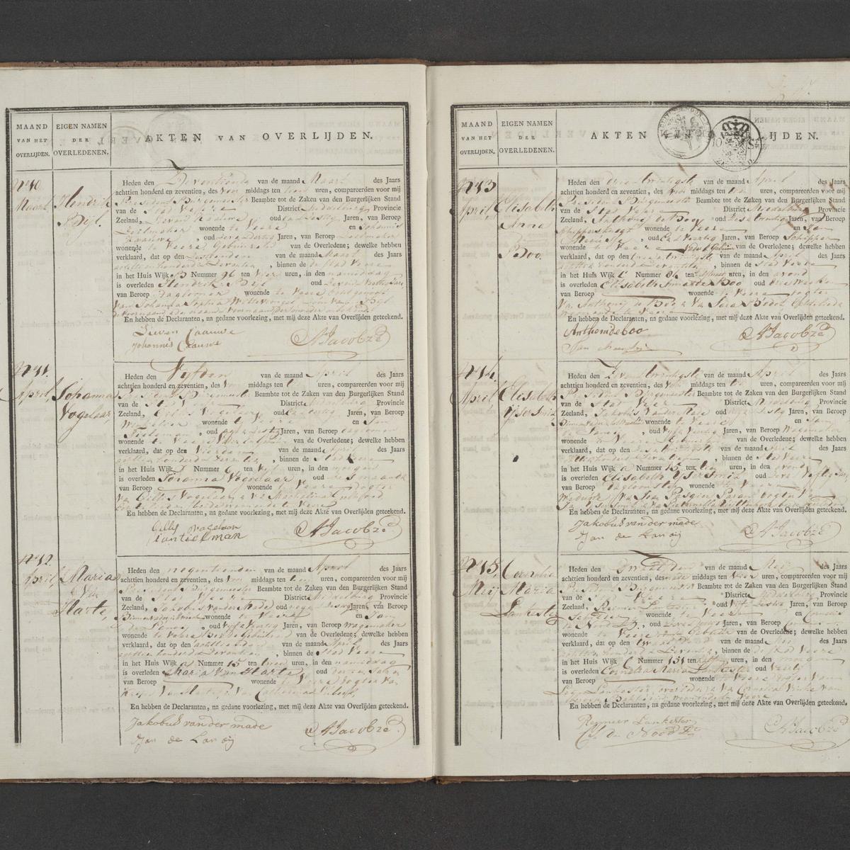 Civil registry of deaths, Veere, 1817, records 10-15