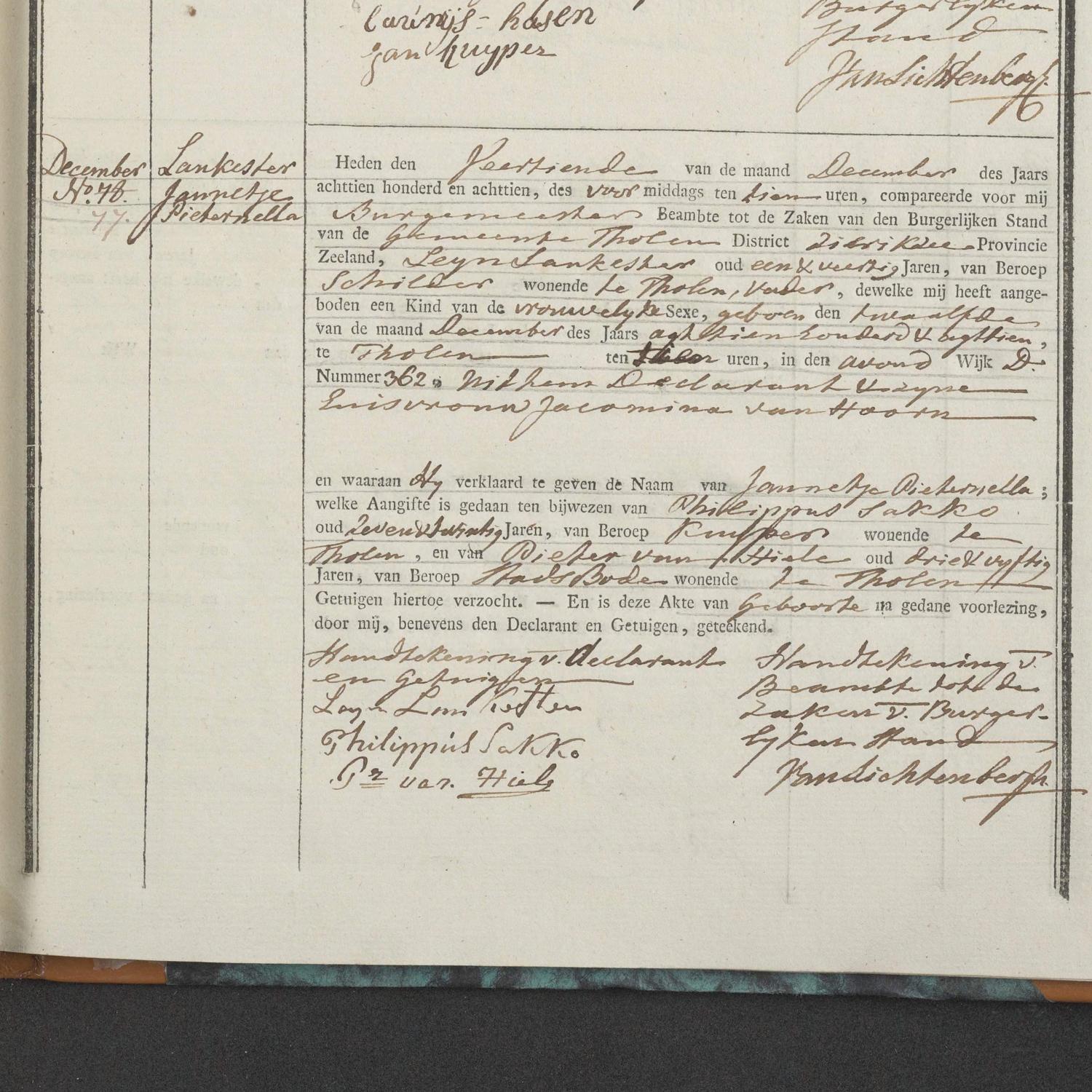 Civil registry of births, Tholen, 1818, records 74-77