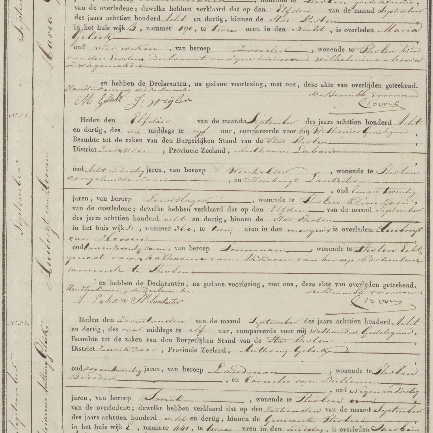 Civil registry of deaths, Tholen, 1838, records 50-55