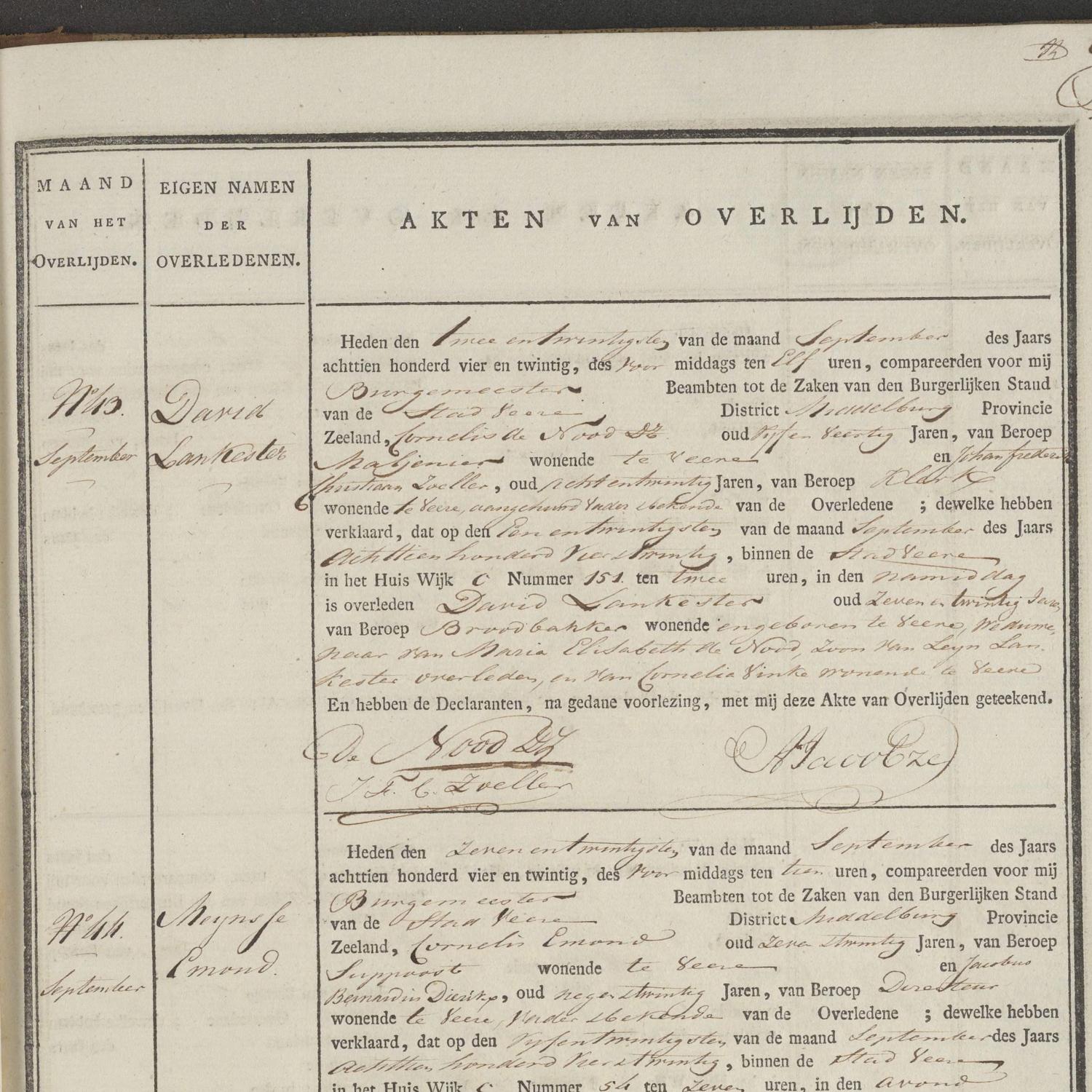 Civil registry of deaths, Veere, 1824, records 40-45