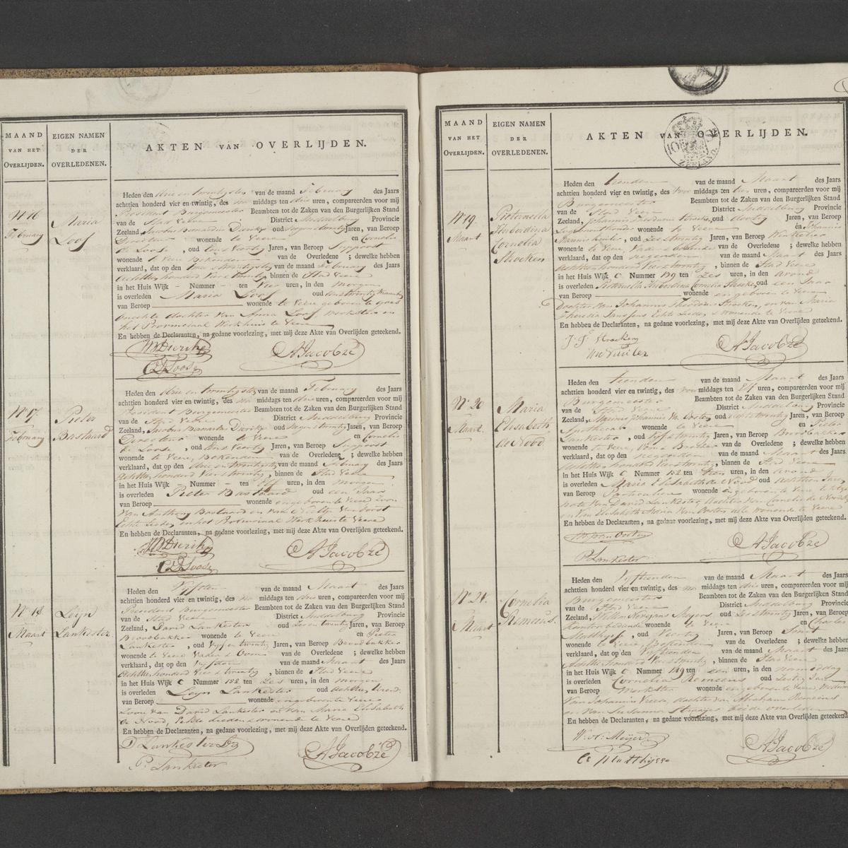 Civil registry of deaths, Veere, 1824, records 16-21
