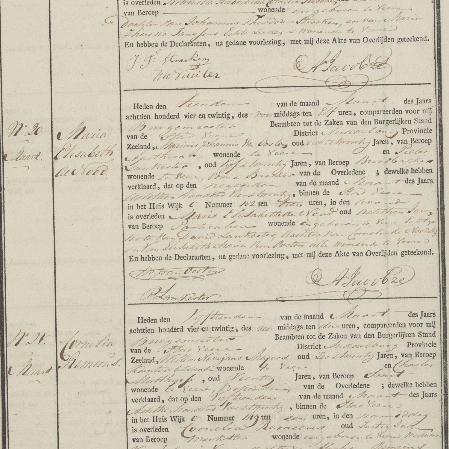 Civil registry of deaths, Veere, 1824, records 16-21