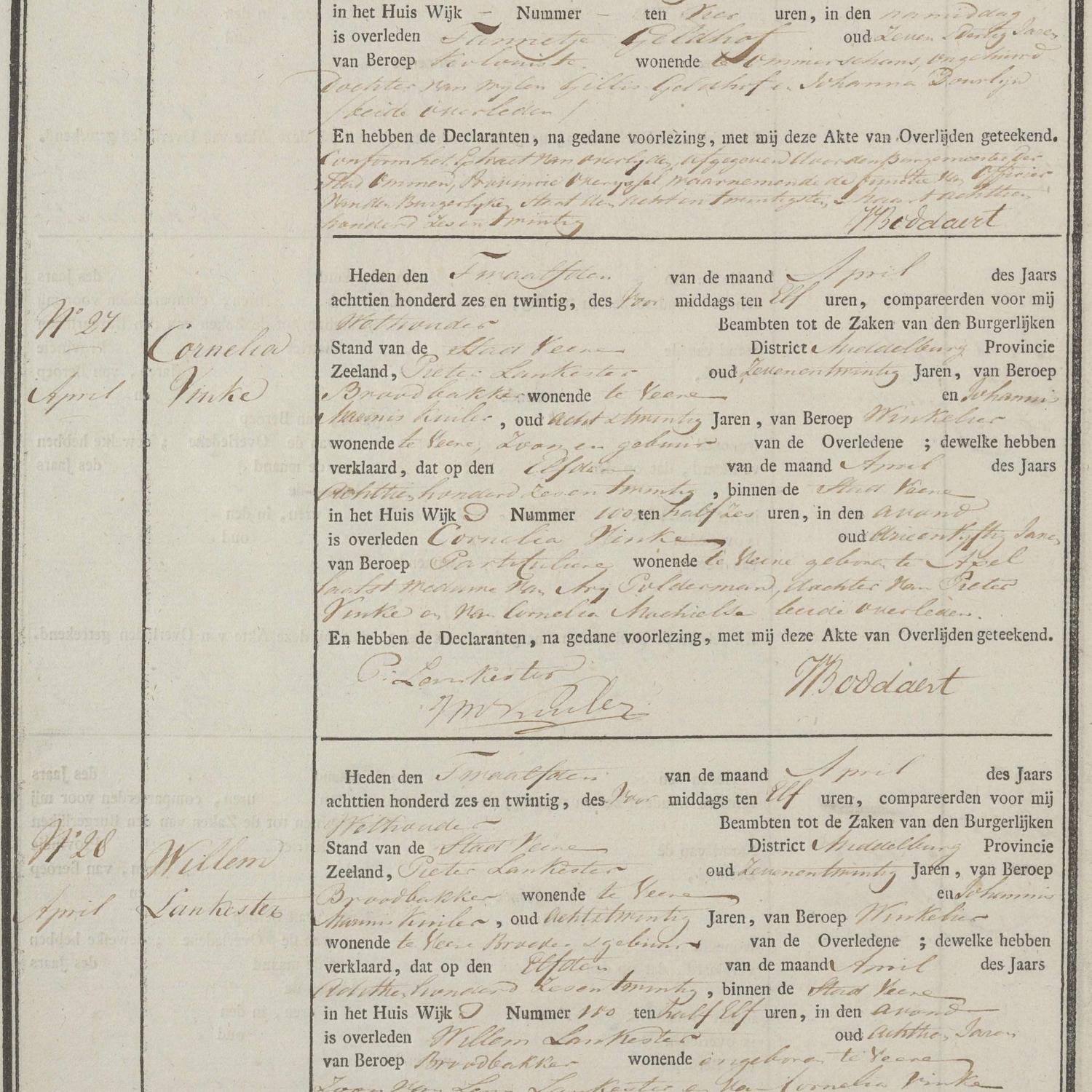 Civil registry of deaths, Veere, 1826, records 26-31