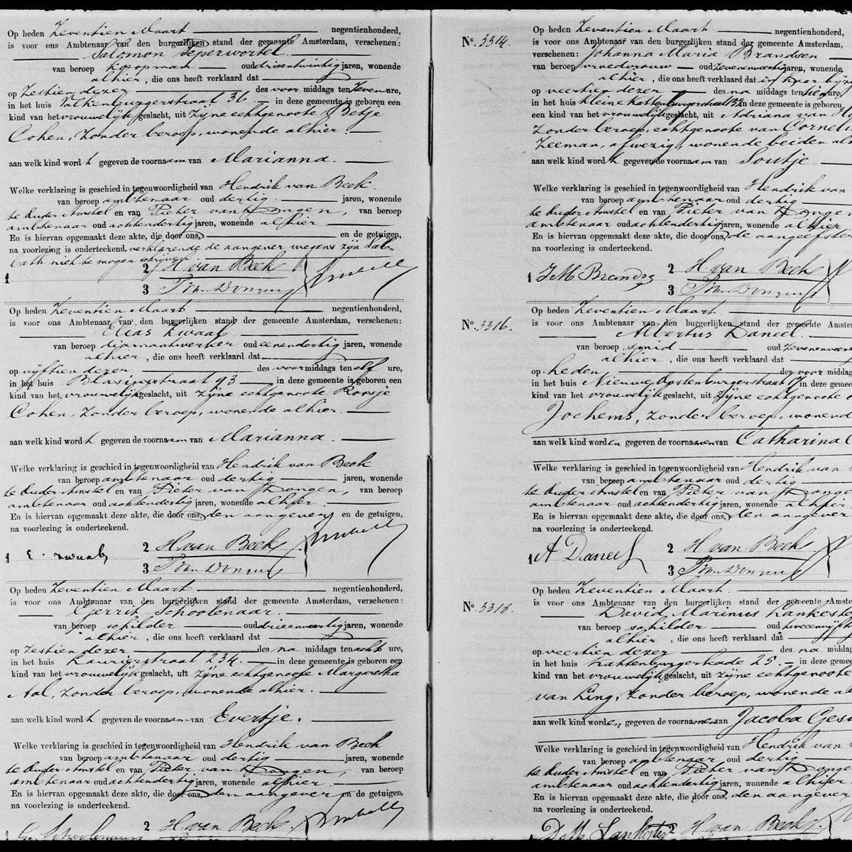 Civil registry of births, Amsterdam, 1900, records 3308-3318