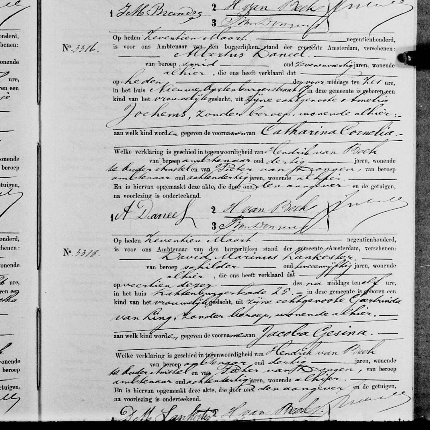 Civil registry of births, Amsterdam, 1900, records 3308-3318