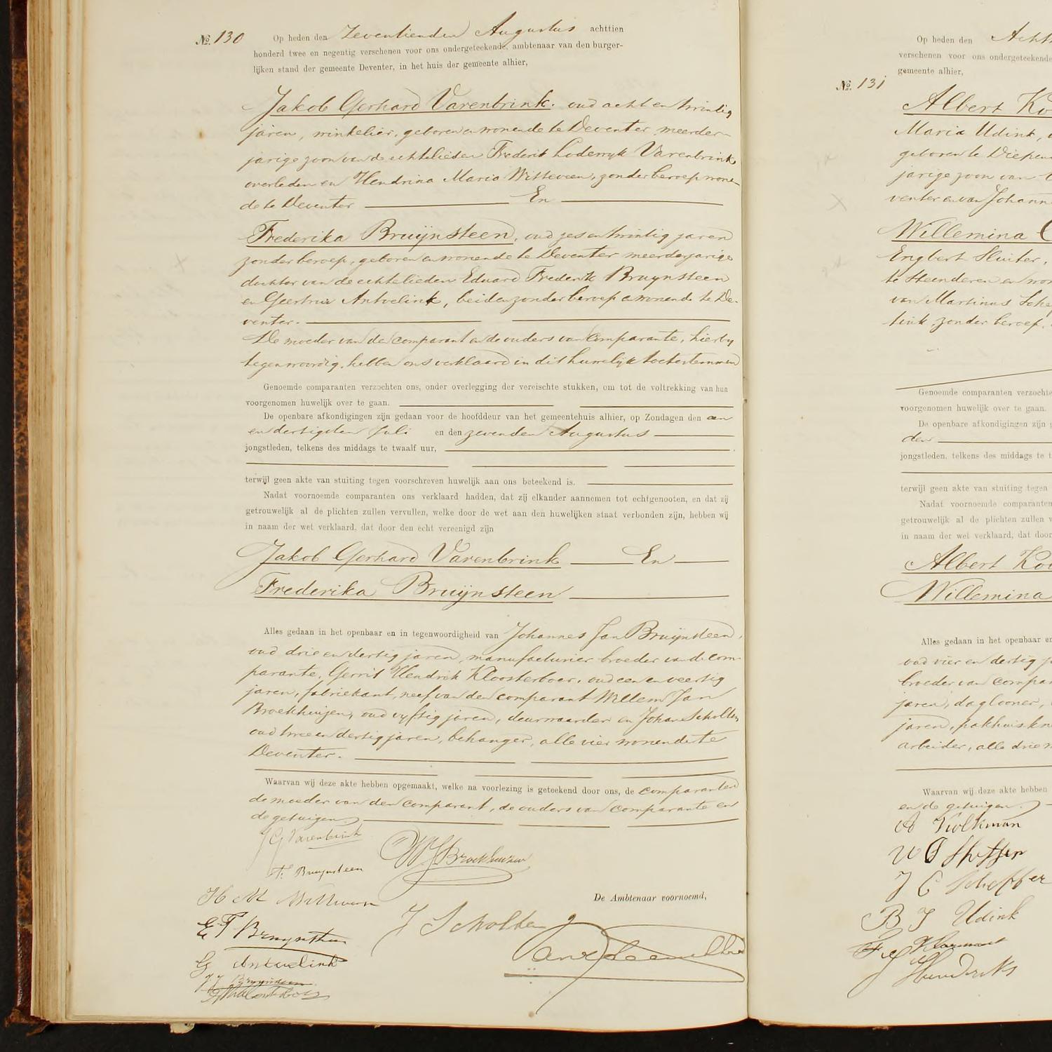 Civil registry of marriages, Deventer, 1892, records 130-131