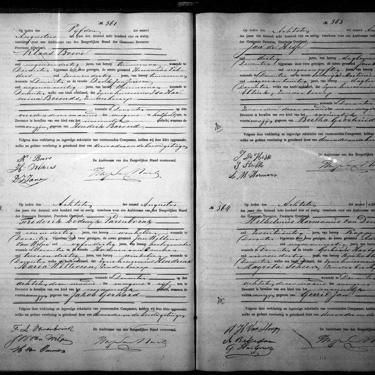 Civil registry of births,  Deventer, 1864, records 361-364