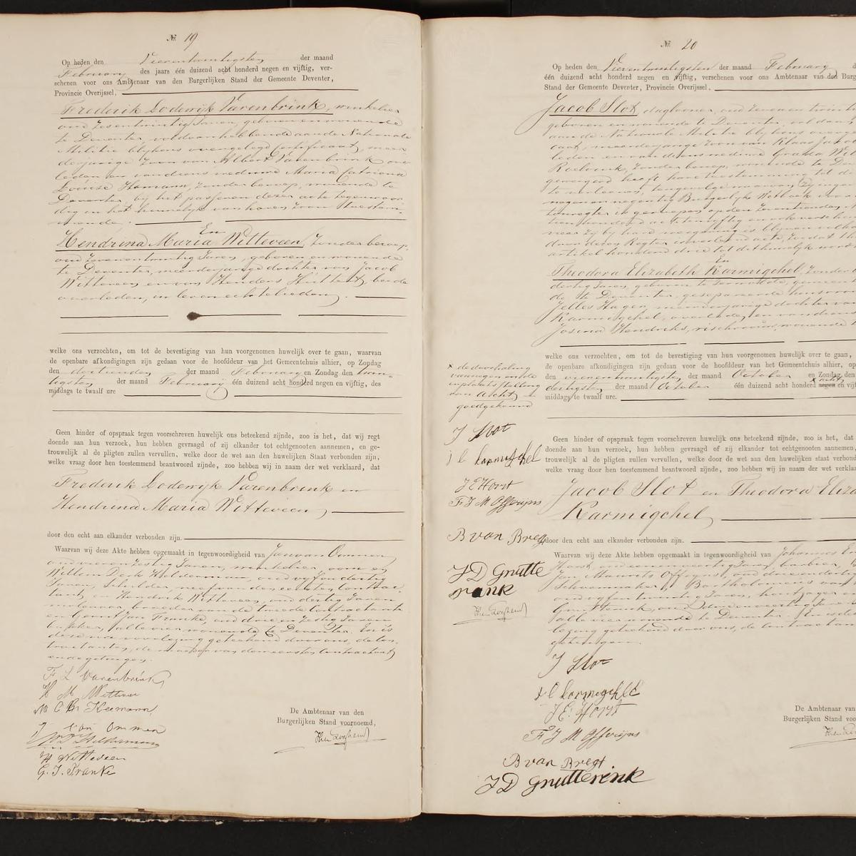 Civil registry of marriages, Deventer, 1859, records 19-20
