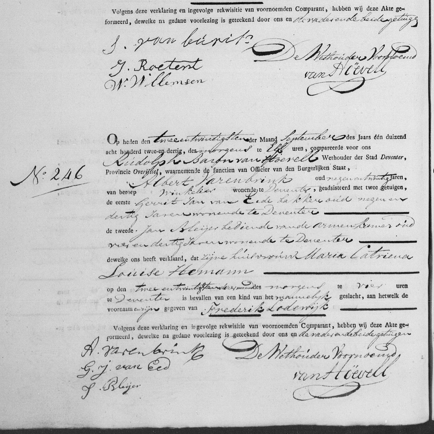 Civil registry of births, Deventer, 1832, records 245-248