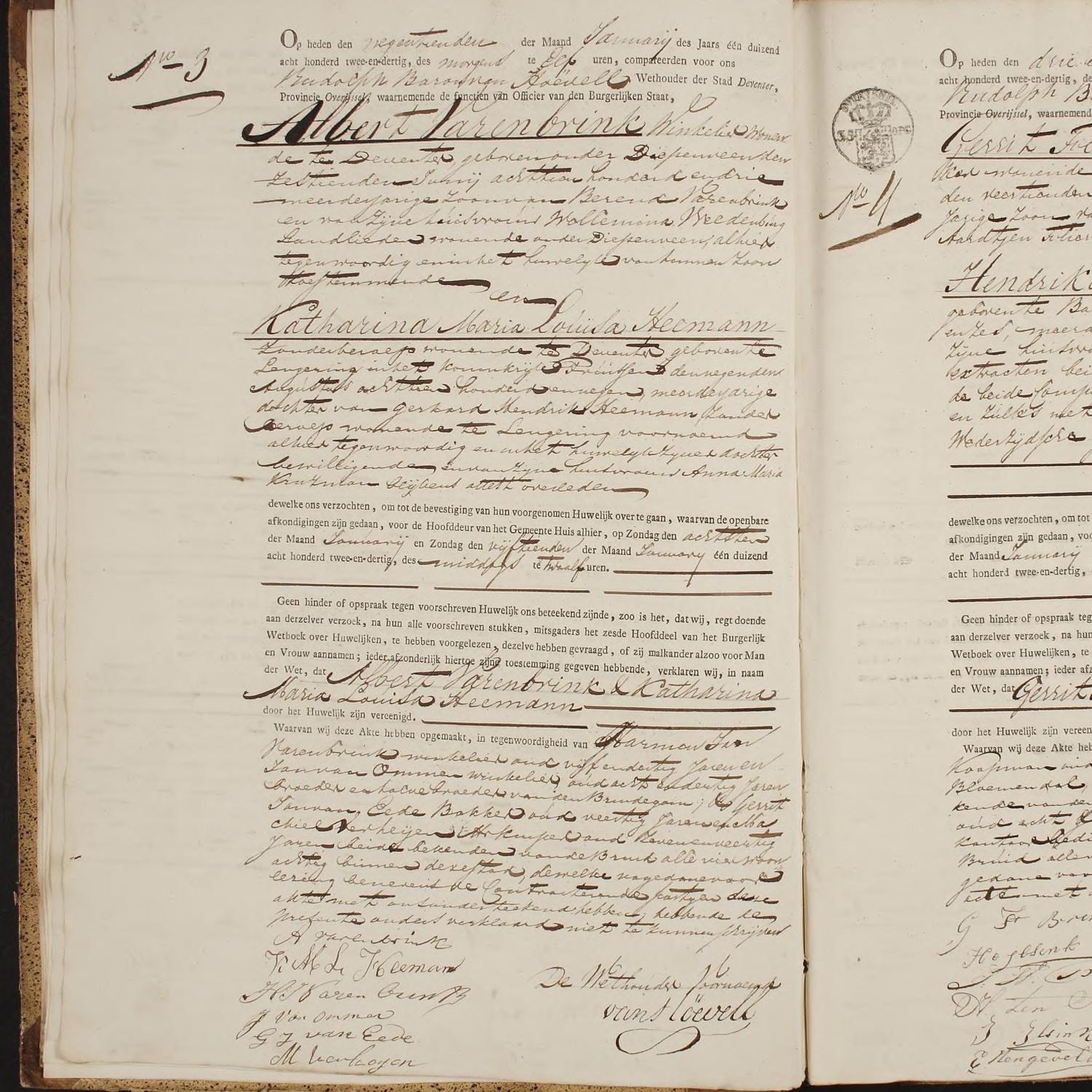 Civil registry of marriages, Deventer, 1832, records 3-4