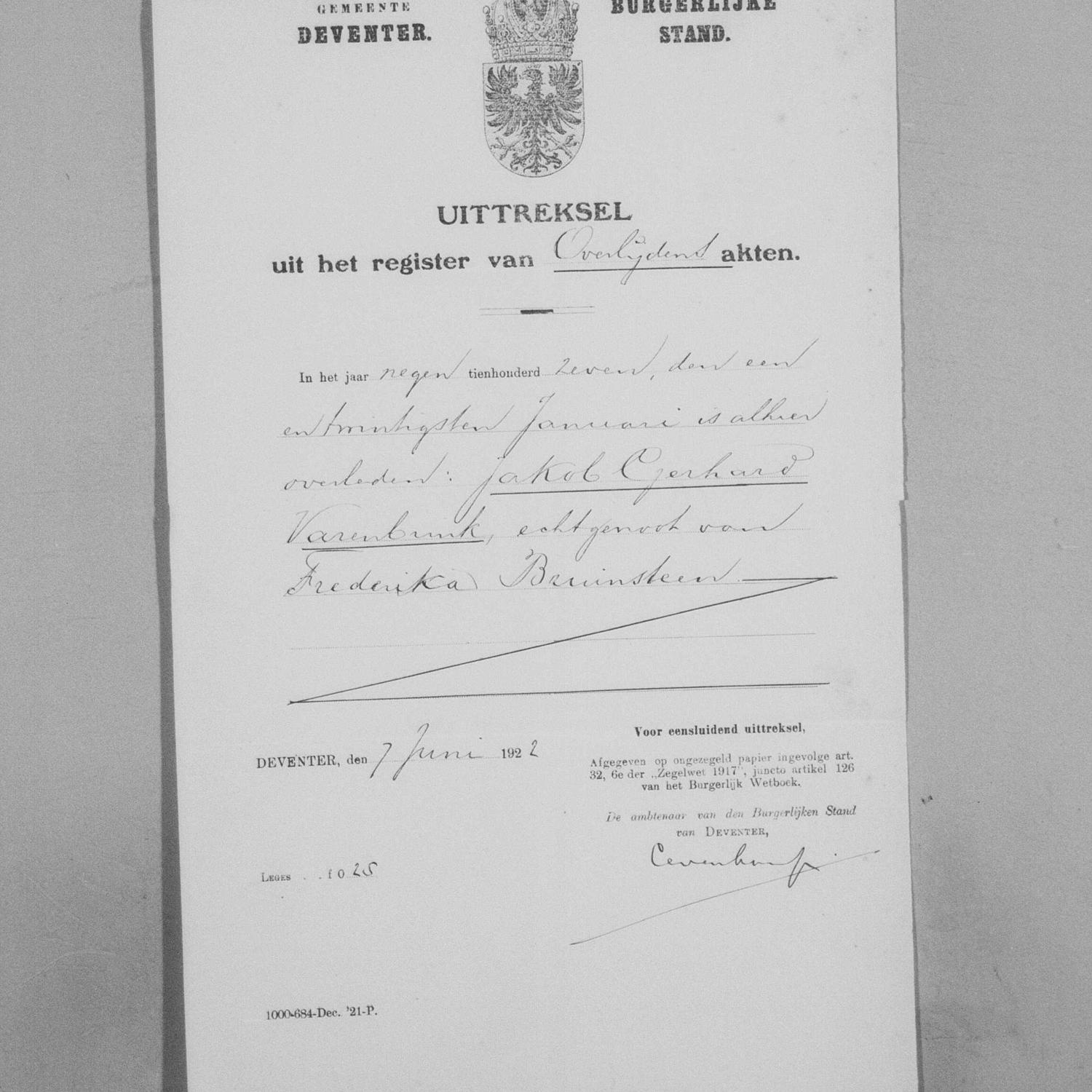 Extract from the civil registry of deaths, Deventer, for Jakob Gerhard Varenbrink