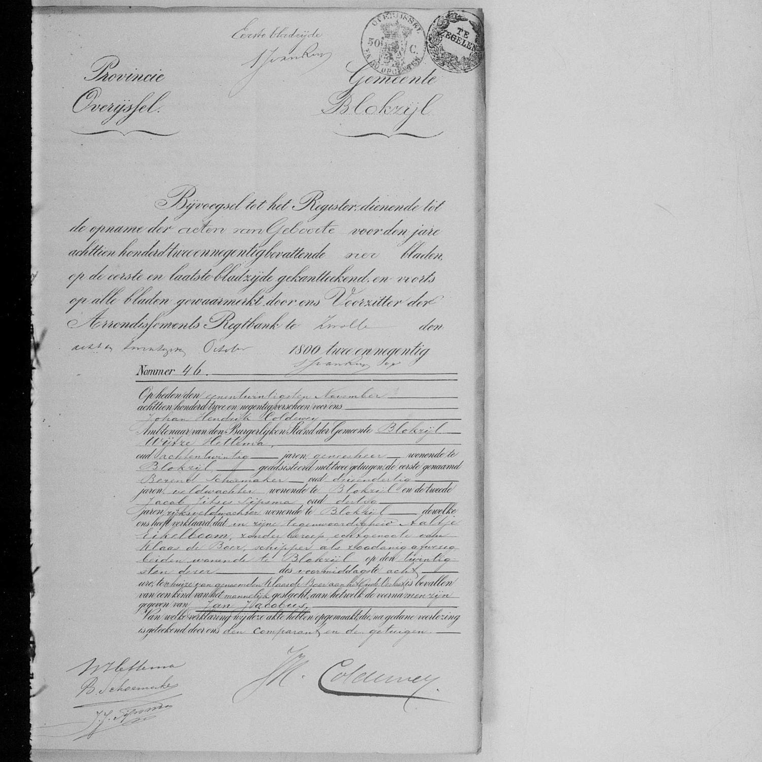 Civil registry of births, Blokzijl, 1892, record 46