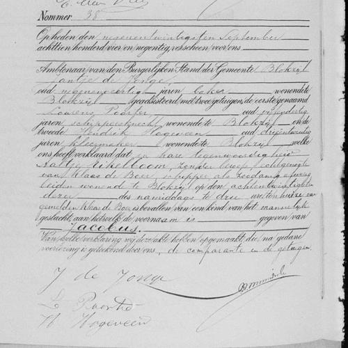 Civil registry of births, Blokzijl, 1894, records 37-38