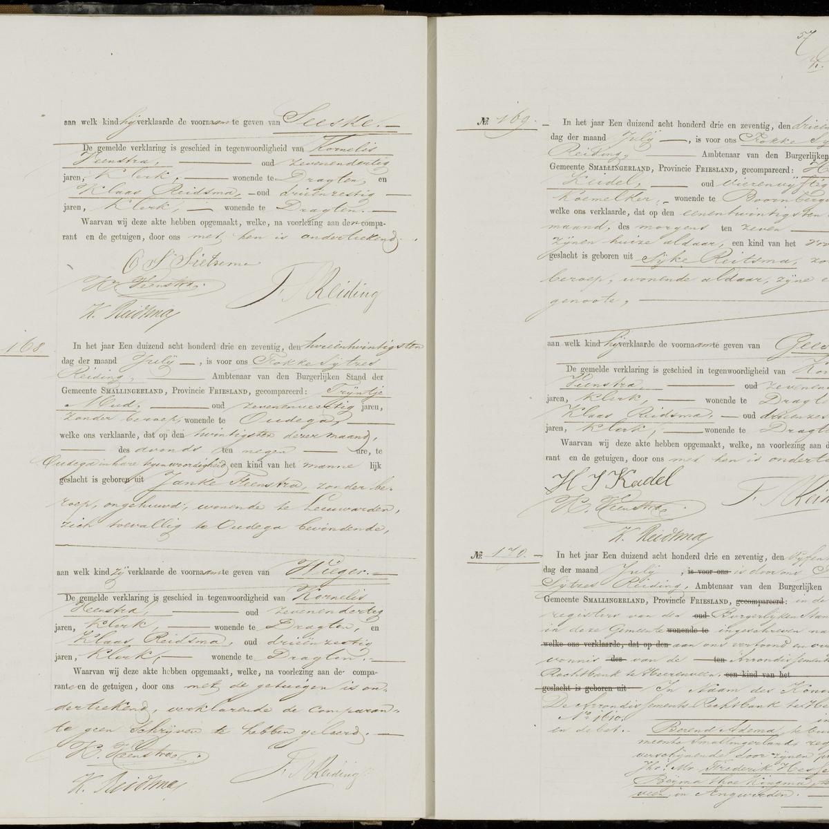 Civil registry of births, Smallingerland, 1873, records 167-170
