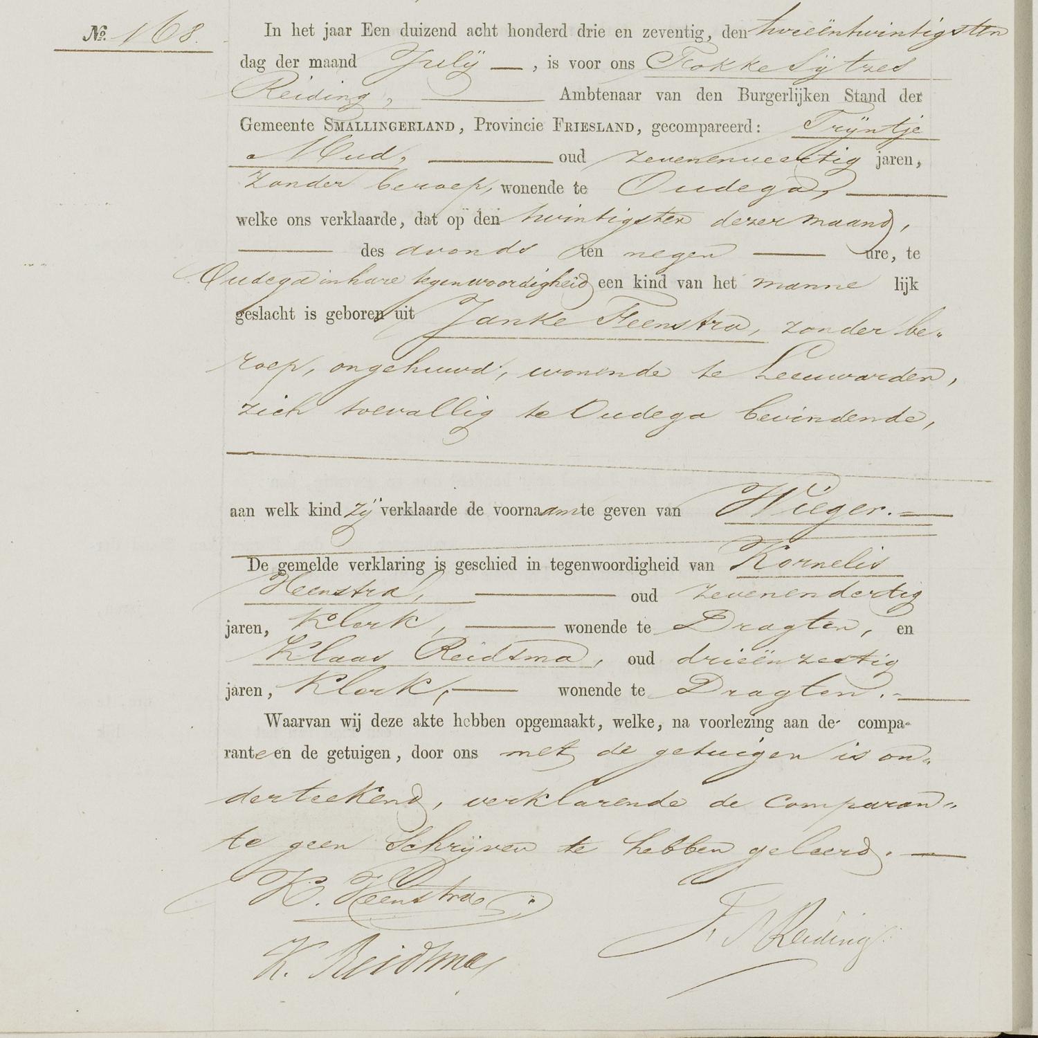 Civil registry of births, Smallingerland, 1873, records 167-170