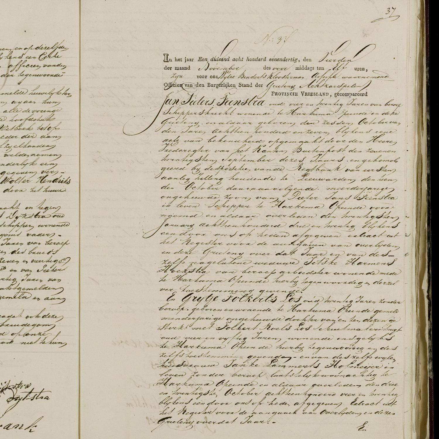 Civil registry of marriages, Achtkarspelen, 1831, records 36-37